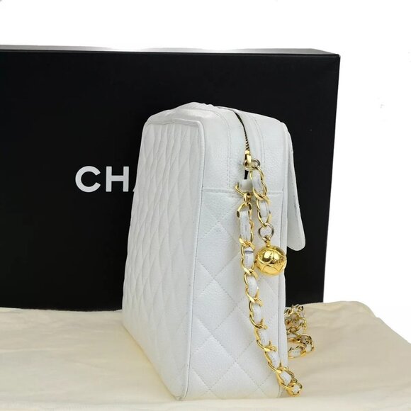 CHANEL CC Chain Shoulder Bag Caviar Skin Leather White GHW Vintage - Picture 15 of 16